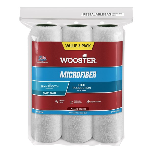 Wooster 9" Paint Roller Cover, 3/8" Nap, Microfiber, 3 PK R527-9